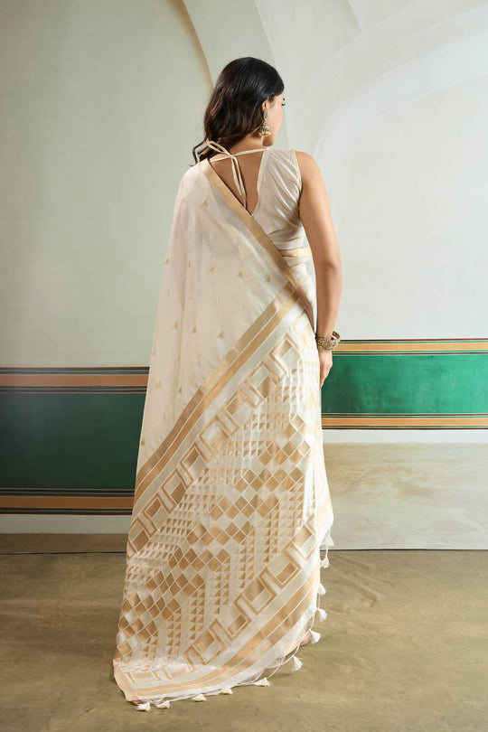 Usha Cream Tussar Silk Ikkat Handloom Weaving Ready to Wear Saree