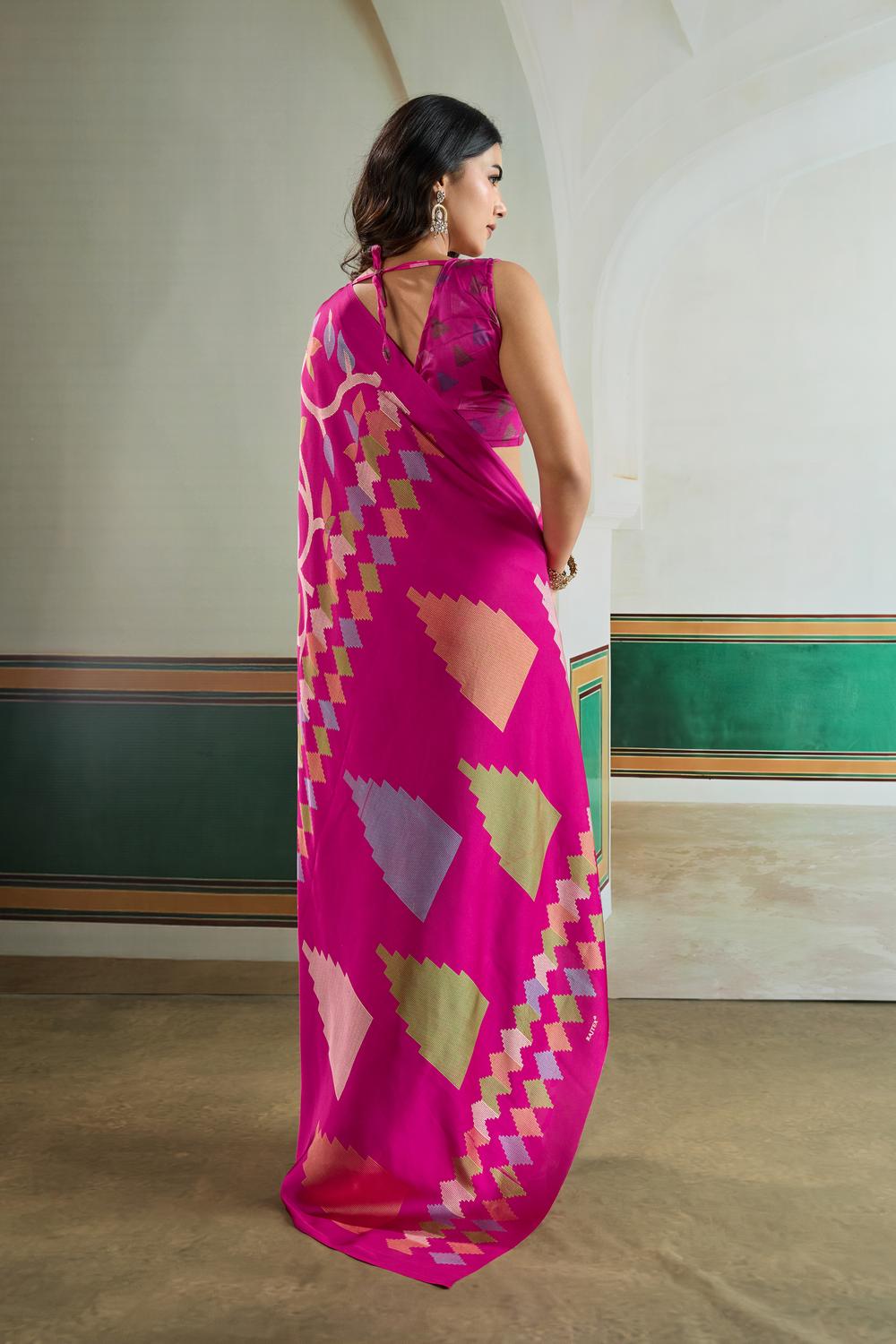 Aylani Rani Pink Modal Satin Ajrakh Print Ready to Wear Saree
