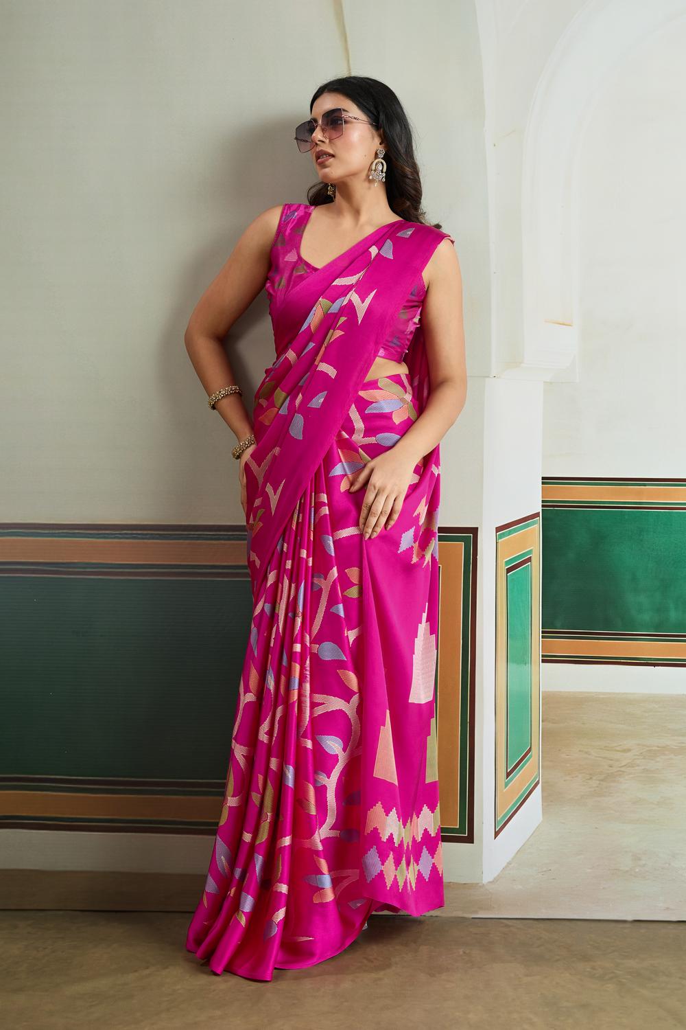 Aylani Rani Pink Modal Satin Ajrakh Print Ready to Wear Saree
