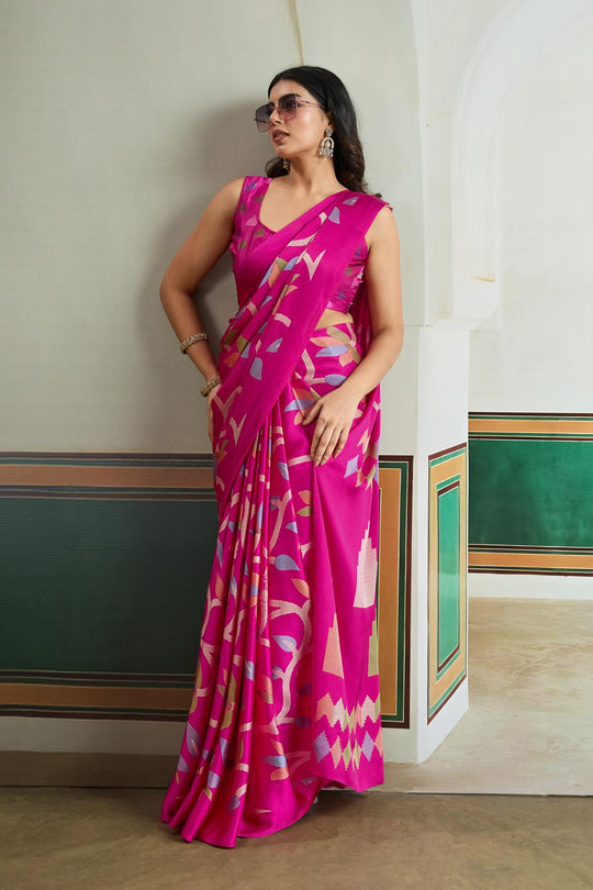 Aylani Rani Pink Modal Satin Ajrakh Print Ready to Wear Saree