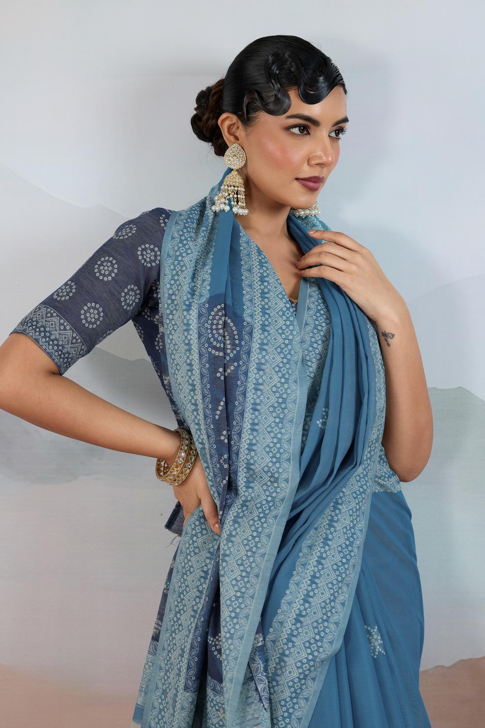Neetu Steel Blue Pure Viscose Cotton Handloom Woven One Minute Saree