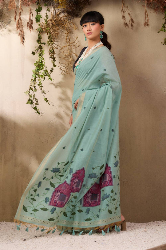 Sanja Pastel Blue Cotton Woven Ready to Wear Saree