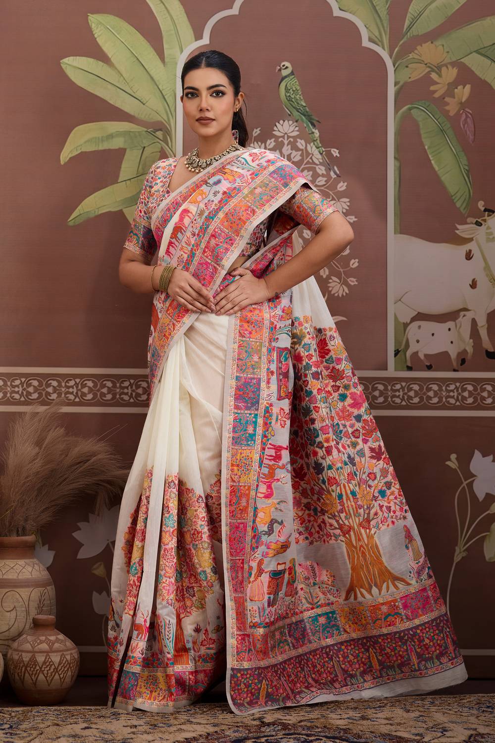 Misha White Modal Cotton Pashmina Woven Ready to Wear Saree