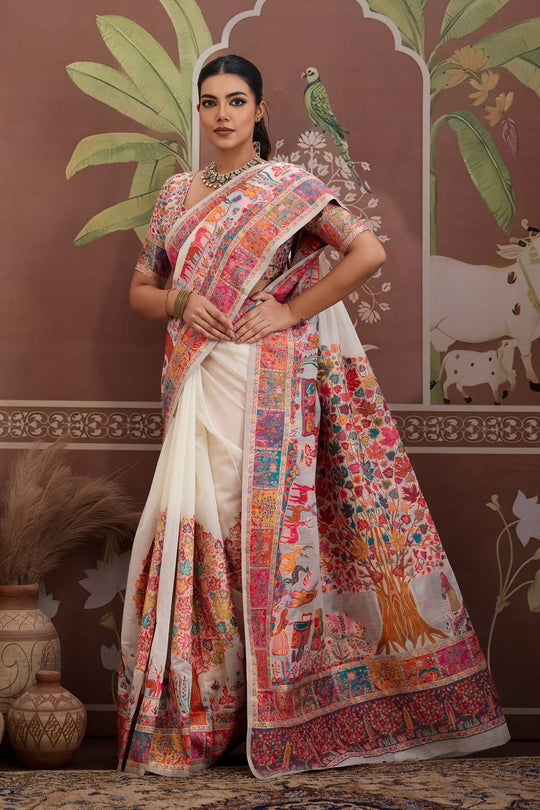 Misha White Modal Cotton Pashmina Woven Ready to Wear Saree