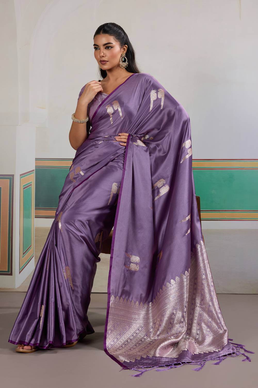 Casey Lavender Purple Pure Satin Handloom Weaving Ready to Wear Saree
