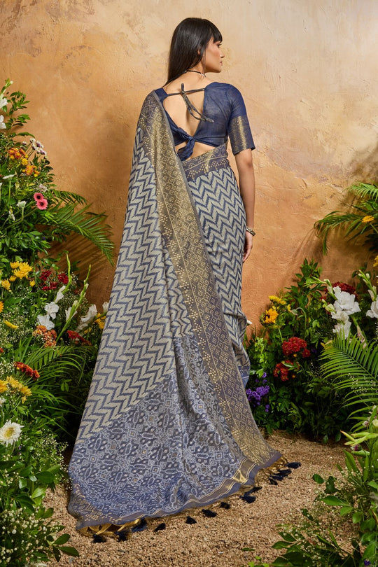 Helen Slate Blue Viscose Cotton Handloom Woven Patola Ready to Wear Saree