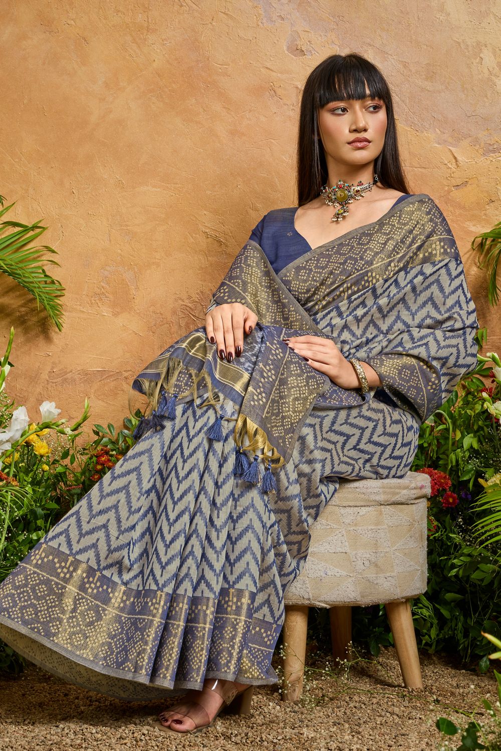 Helen Slate Blue Viscose Cotton Handloom Woven Patola Ready to Wear Saree