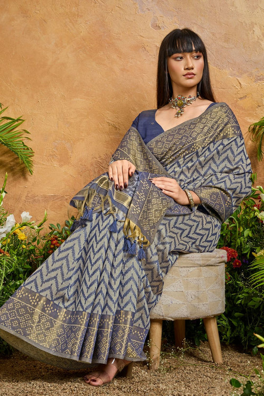 Helen Slate Blue Viscose Cotton Handloom Woven Patola Ready to Wear Saree