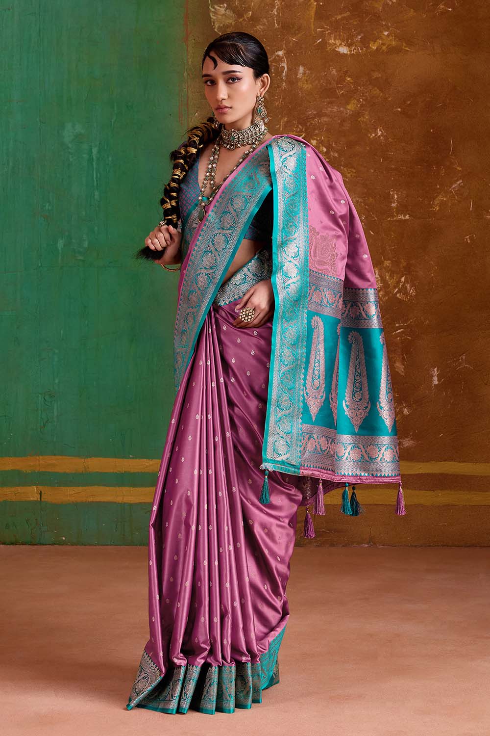 Julia Rose Pink Satin Handloom Weaving Silk Ready to Wear Saree