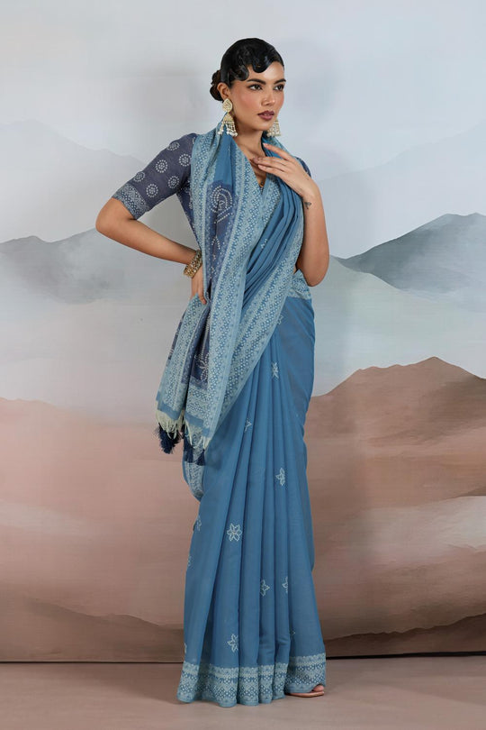 Neetu Steel Blue Pure Viscose Cotton Handloom Woven One Minute Saree