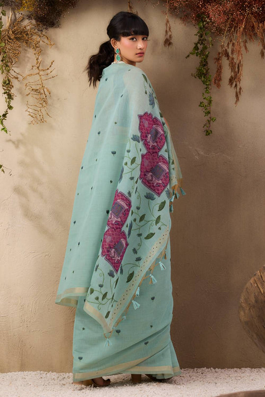 Sanja Pastel Blue Cotton Woven Ready to Wear Saree