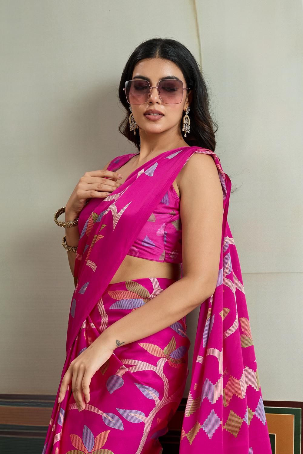 Aylani Rani Pink Modal Satin Ajrakh Print Ready to Wear Saree