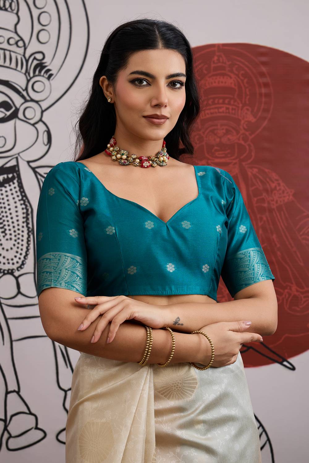 Mona Cream & Teal Blue Paper Silk Ready to Wear Saree