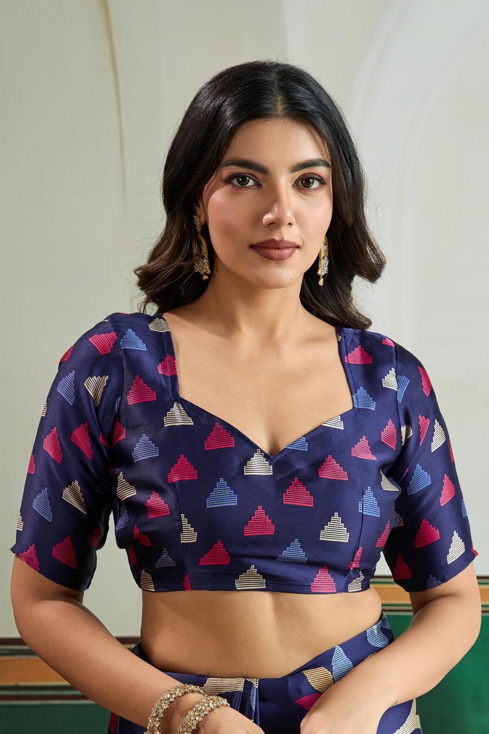 Aylani Navy Blue Modal Satin Ajrakh Print Ready to Wear Saree
