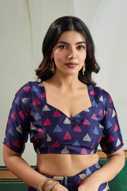 Aylani Navy Blue Modal Satin Ajrakh Print Ready to Wear Saree