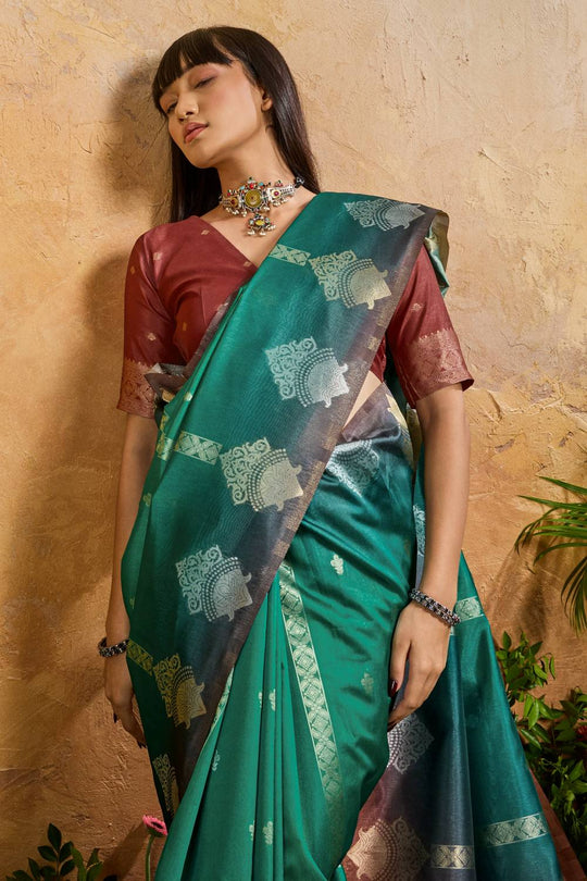 Suri Teal Green Paper Silk With Zari Work Ready to Wear One Minute Saree