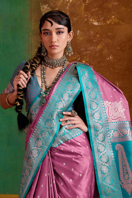 Julia Rose Pink Satin Handloom Weaving Silk Ready to Wear Saree