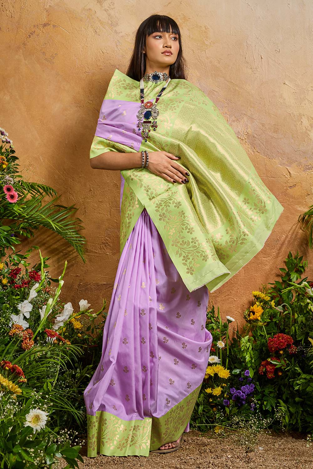 Roya Lavender and Green Handloom Weaving Silk Ready to Wear Saree