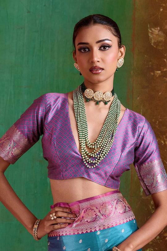 Julia Teal Satin Handloom Weaving Silk Ready to Wear Saree