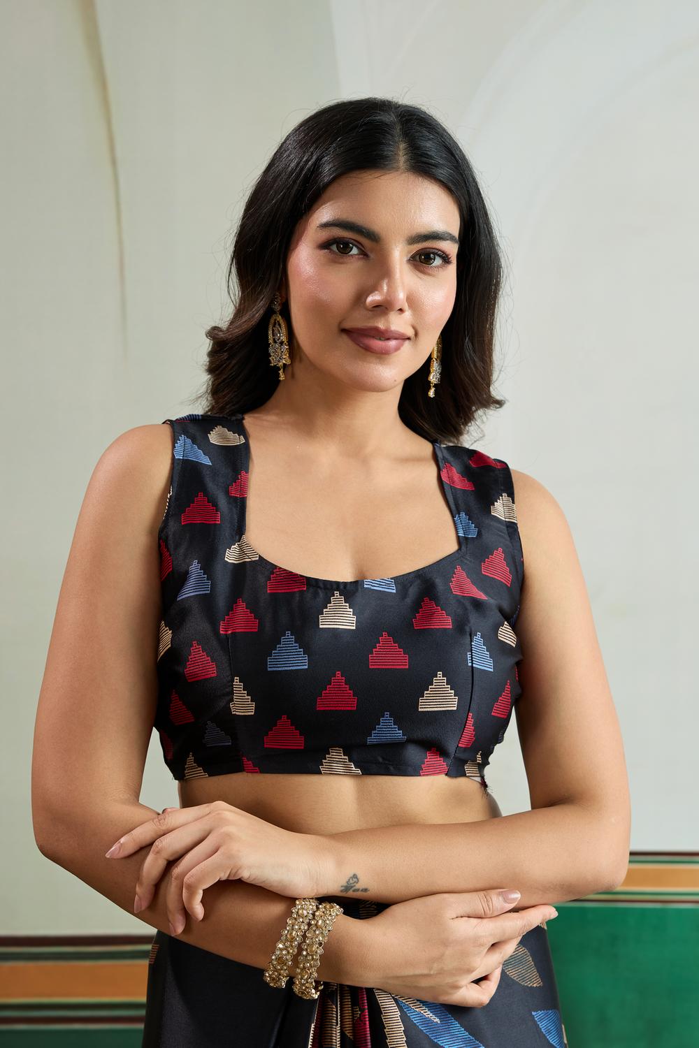 Aylani Black Modal Satin Ajrakh Print Ready to Wear Saree