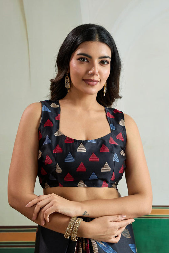Aylani Black Modal Satin Ajrakh Print Ready to Wear Saree