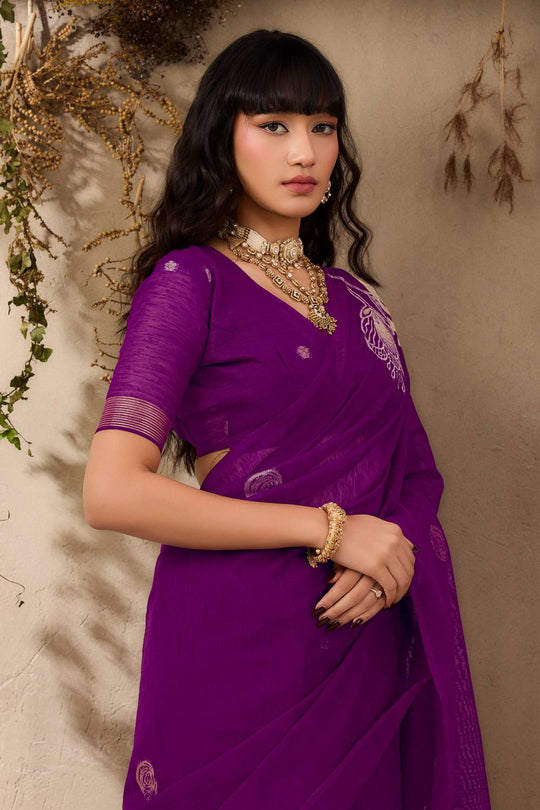 Samara Rich Purple Woven Soft Silk With Floral Motif Work Ready to Wear Saree