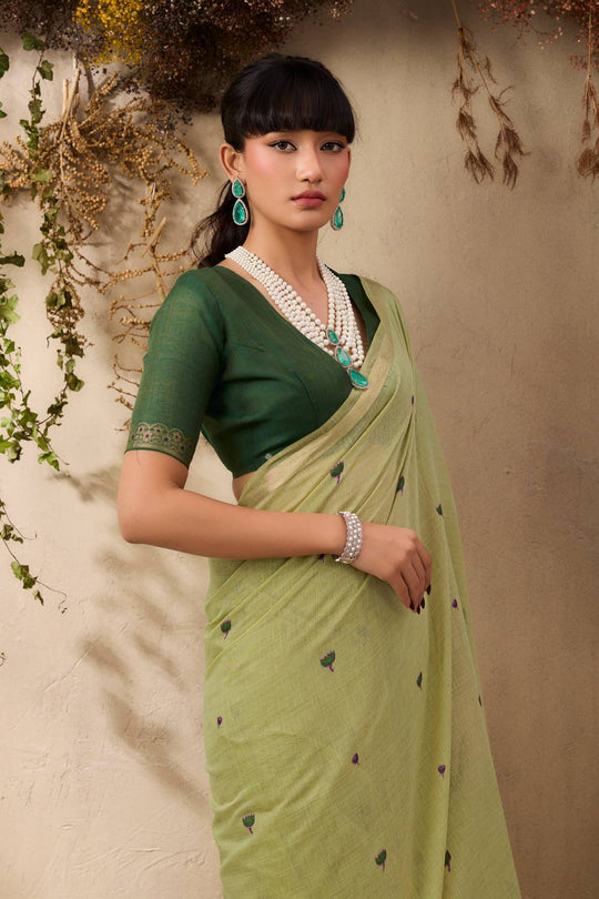 Sanja Pista Green Cotton Woven Ready to Wear Saree