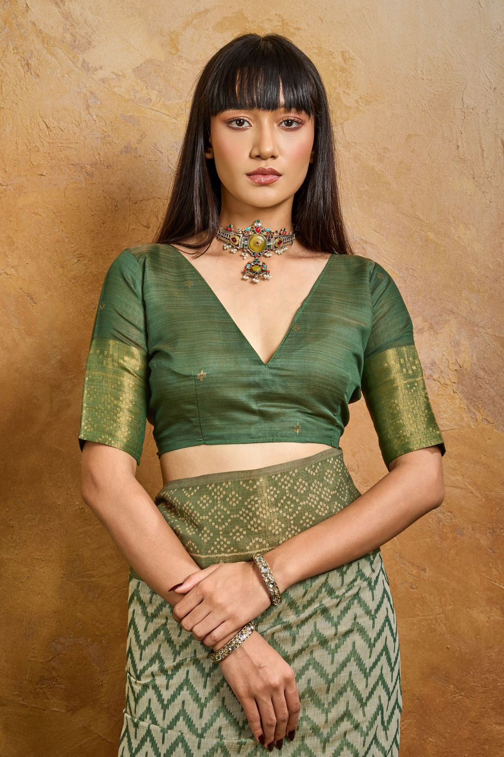 Helen Olive Green Viscose Cotton Handloom Woven Patola Ready to Wear Saree