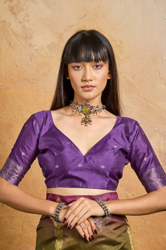 Suri Olive Green & Purple Paper Silk With Zari Work Ready to Wear One Minute Saree