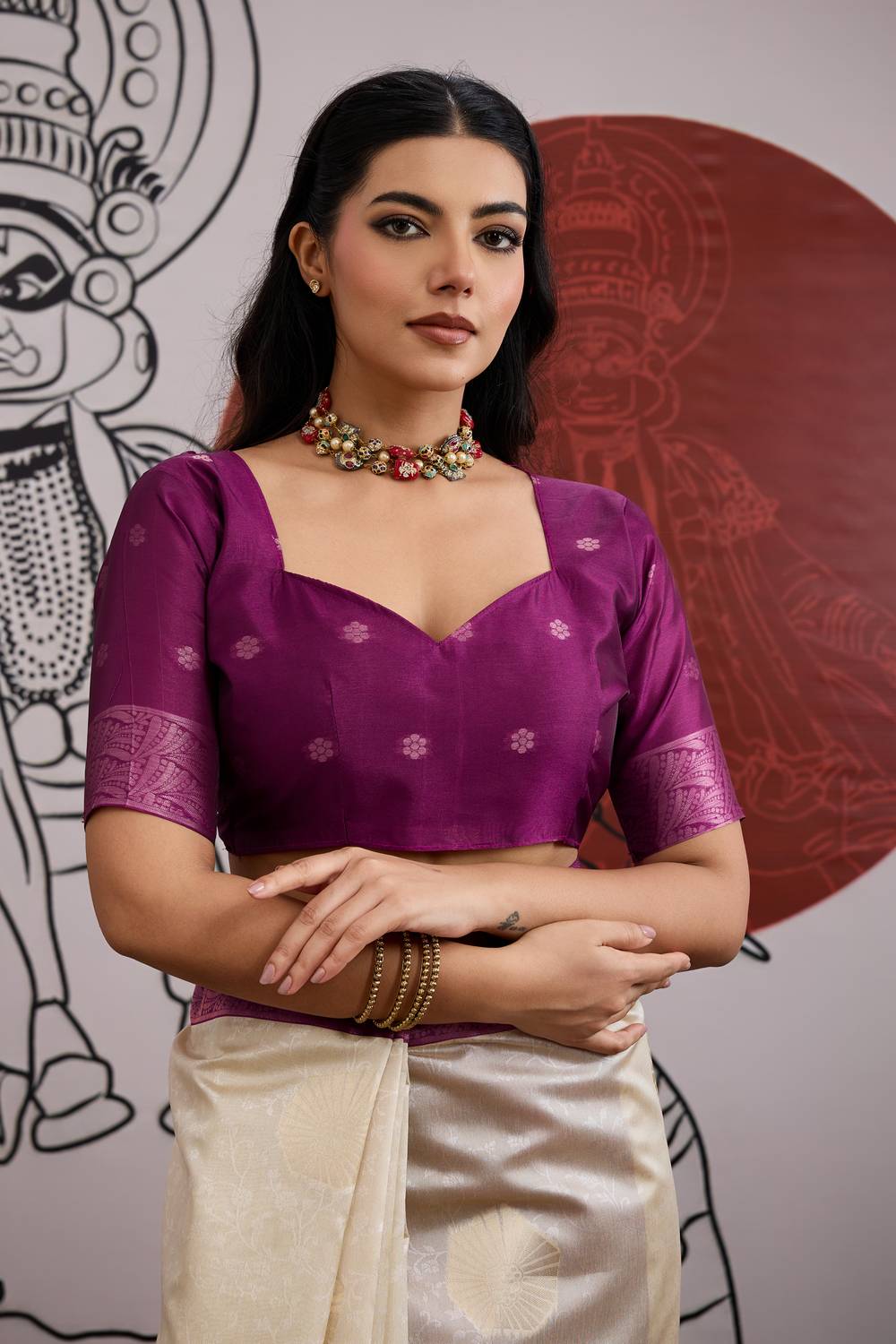 Mona Cream & Wine Purple Paper Silk Ready to Wear Saree