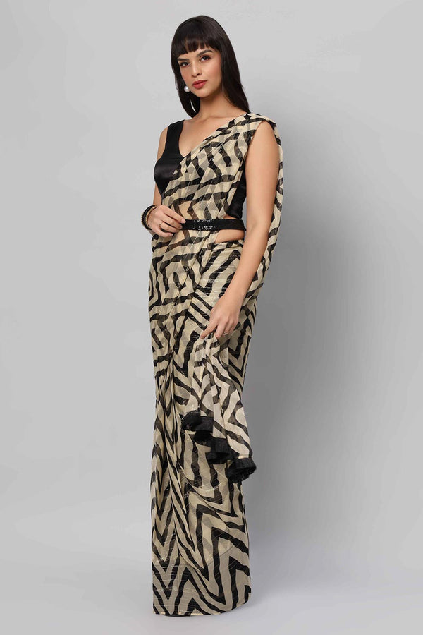 Maya Cream & Black Zigzag Georgette One Minute Saree