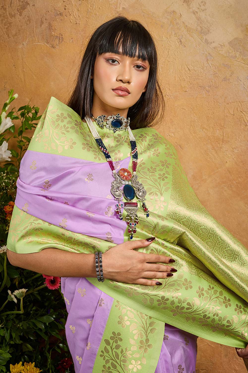Roya Lavender and Green Handloom Weaving Silk Ready to Wear Saree