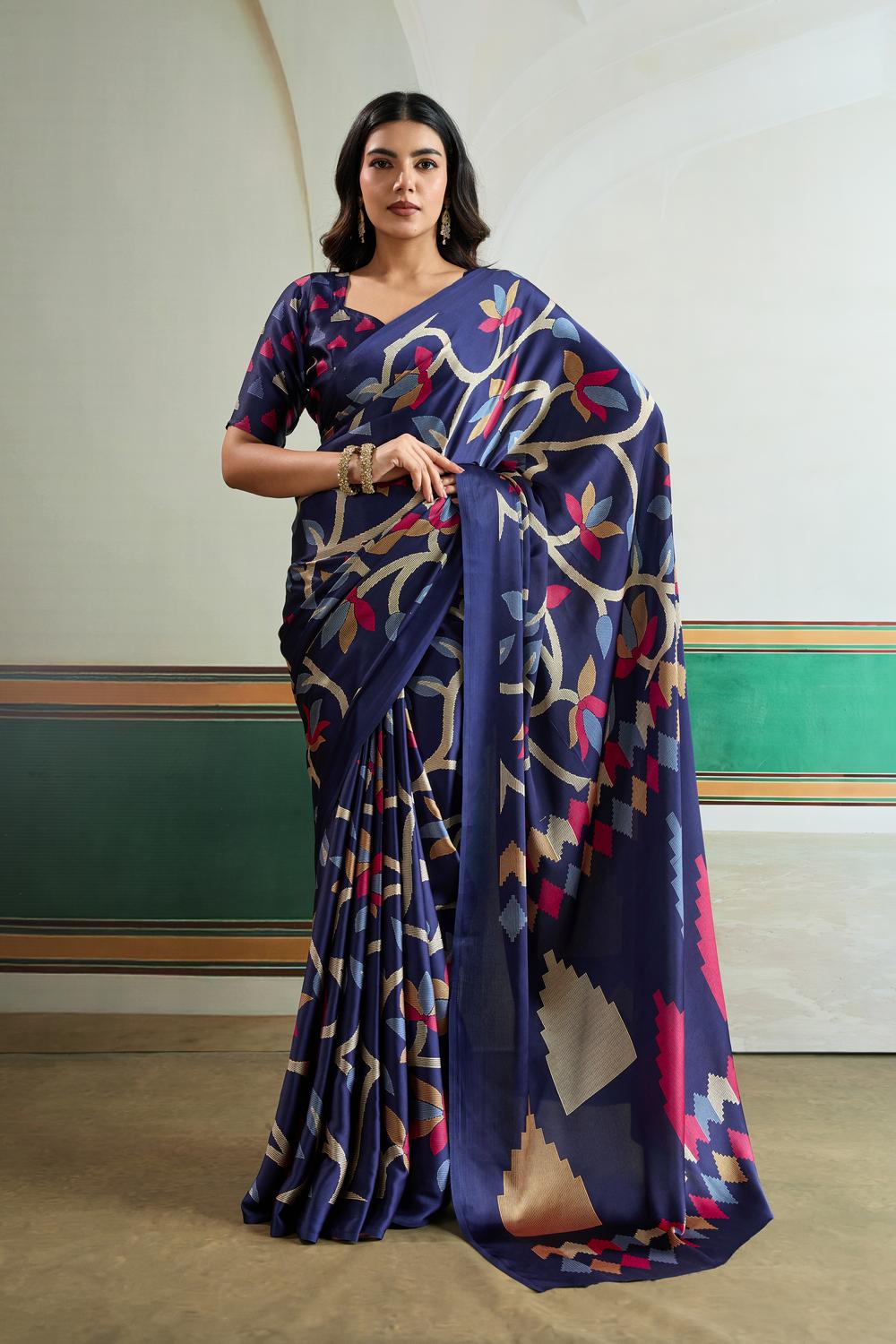 Aylani Navy Blue Modal Satin Ajrakh Print Ready to Wear Saree