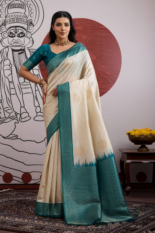 Mona Cream & Teal Blue Paper Silk Ready to Wear Saree
