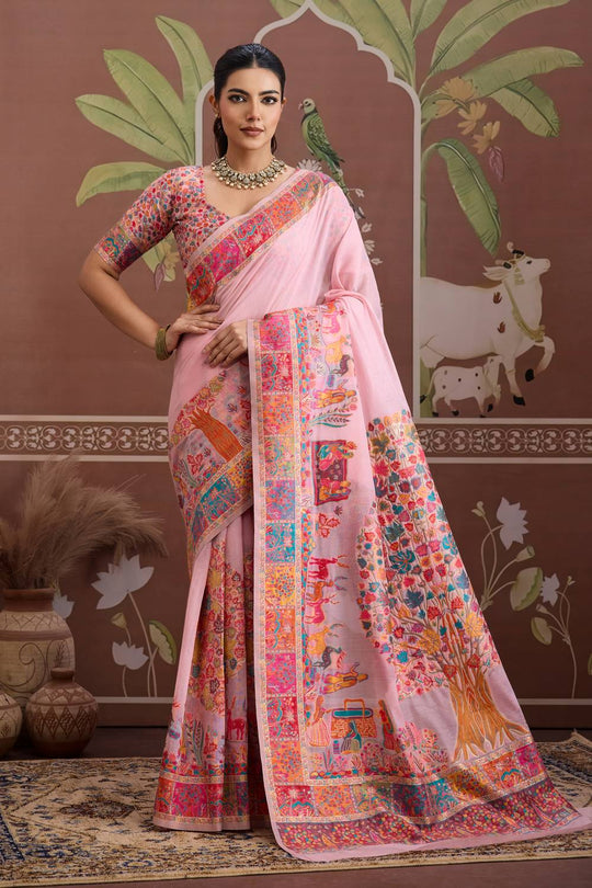 Misha Light Pink Modal Cotton Pashmina Woven Ready to Wear Saree