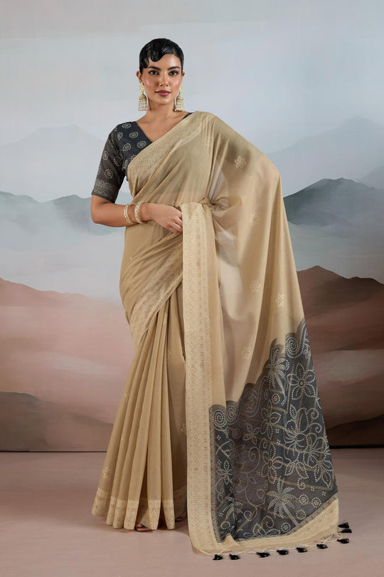 Neetu Beige Pure Viscose Cotton Handloom Woven One Minute Saree