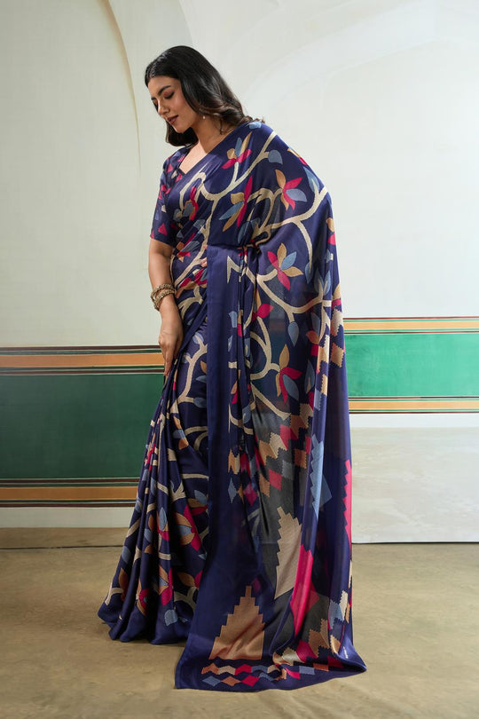Aylani Navy Blue Modal Satin Ajrakh Print Ready to Wear Saree