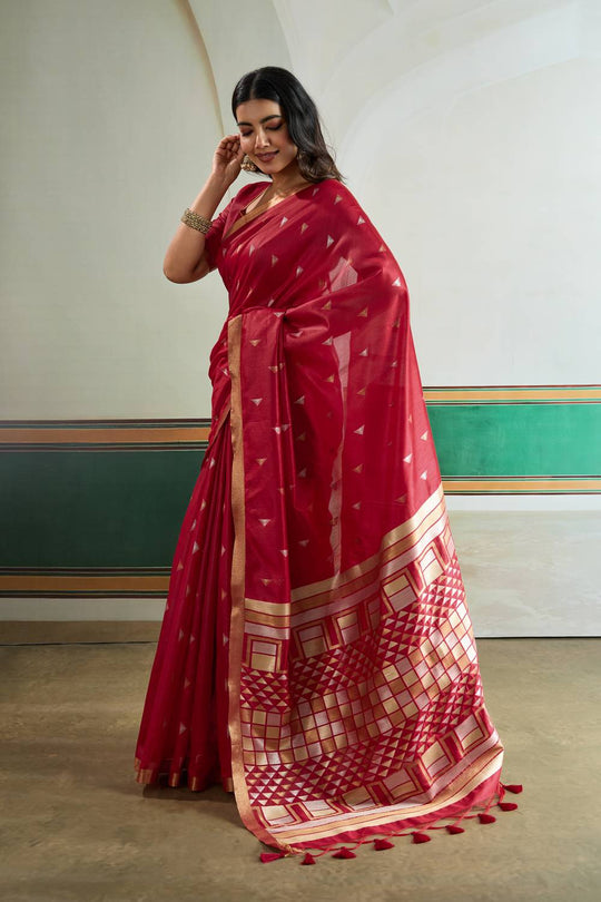 Usha Red Tussar Silk Ikkat Handloom Weaving Ready to Wear Saree