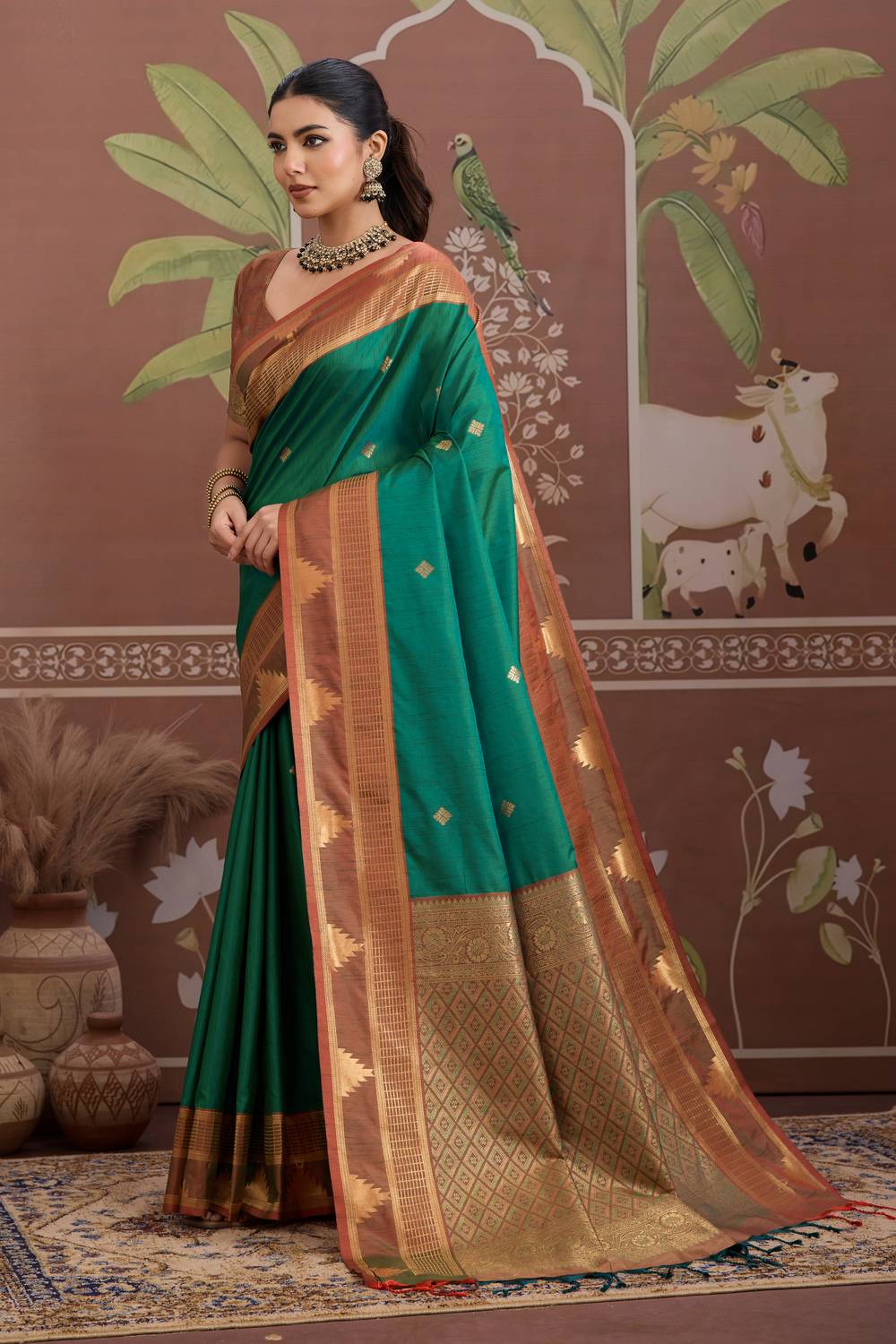 Tessa Emerald Green Silk Woven With Zari Work Ready to Wear Saree