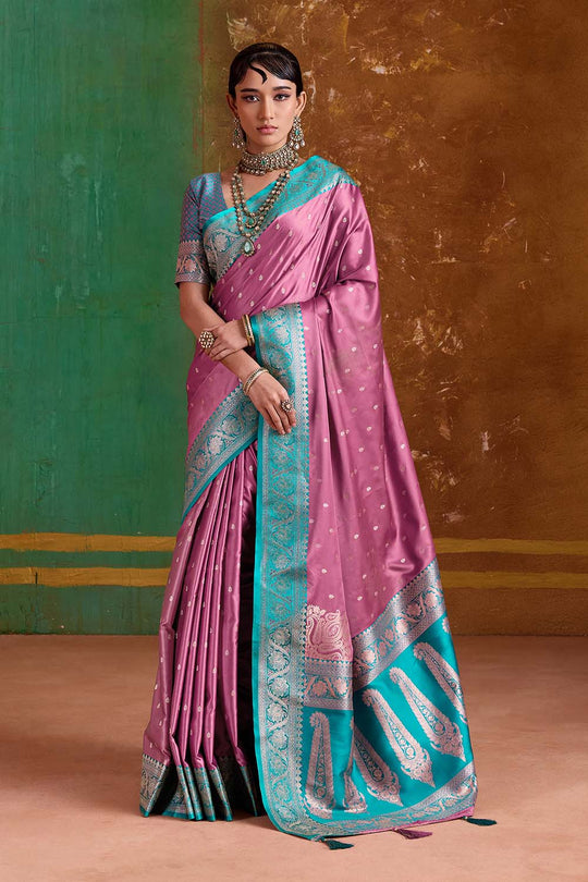 Julia Rose Pink Satin Handloom Weaving Silk Ready to Wear Saree