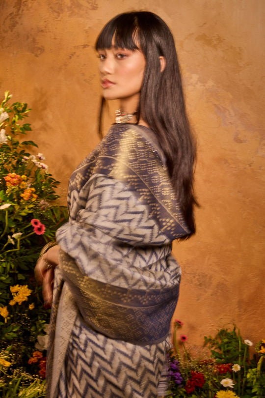 Helen Slate Blue Viscose Cotton Handloom Woven Patola Ready to Wear Saree