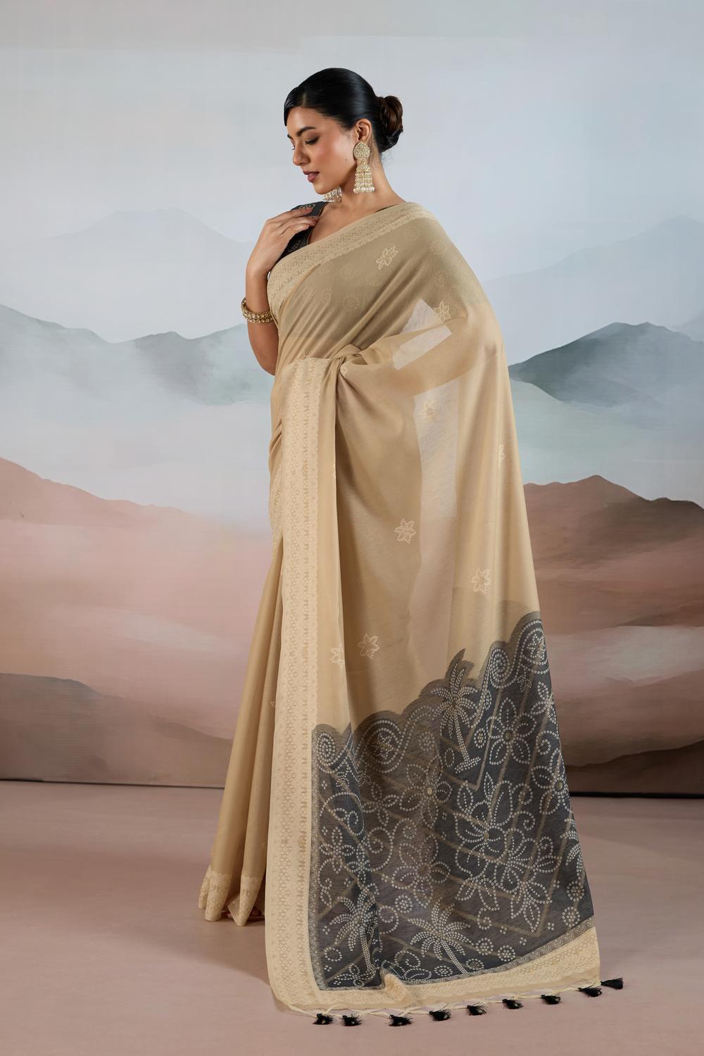Neetu Beige Pure Viscose Cotton Handloom Woven One Minute Saree