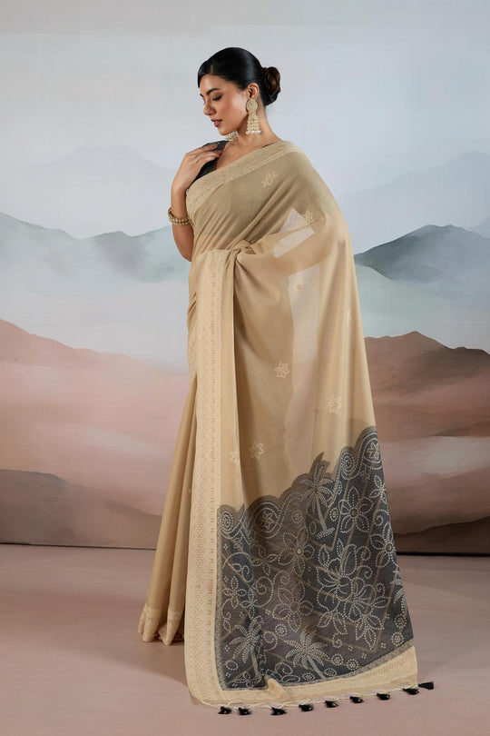 Neetu Beige Pure Viscose Cotton Handloom Woven One Minute Saree