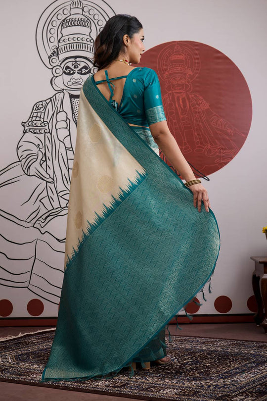 Mona Cream & Teal Blue Paper Silk Ready to Wear Saree