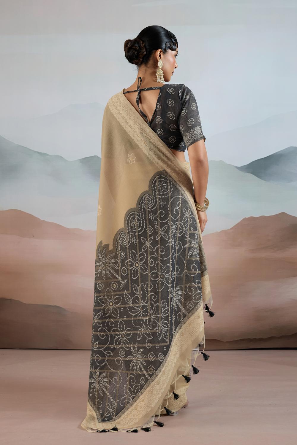 Neetu Beige Pure Viscose Cotton Handloom Woven One Minute Saree