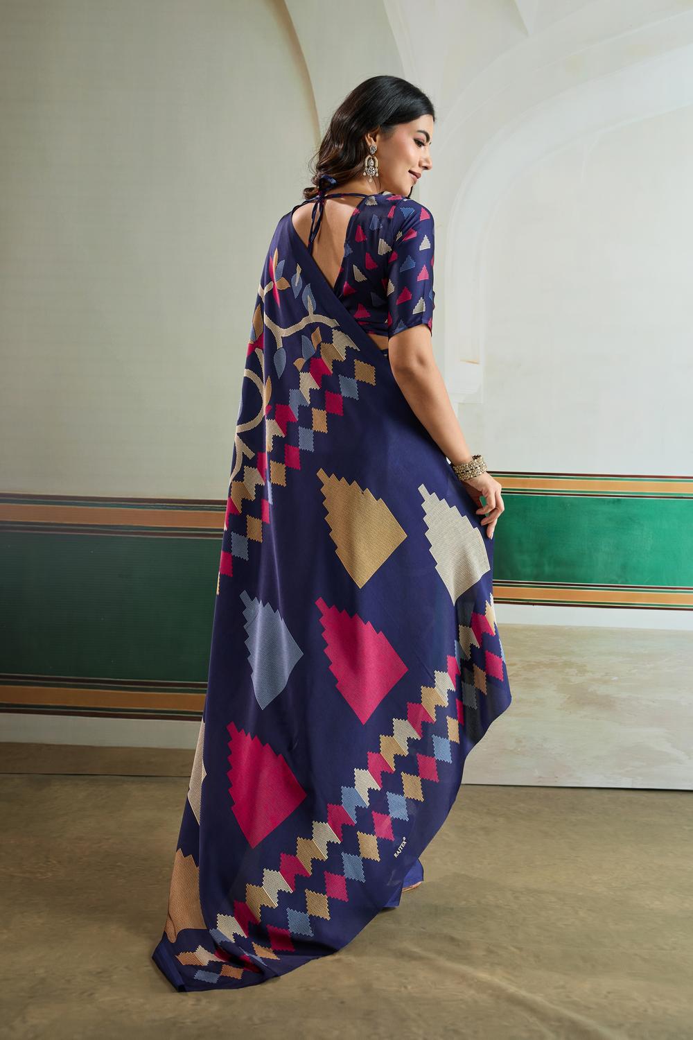 Aylani Navy Blue Modal Satin Ajrakh Print Ready to Wear Saree