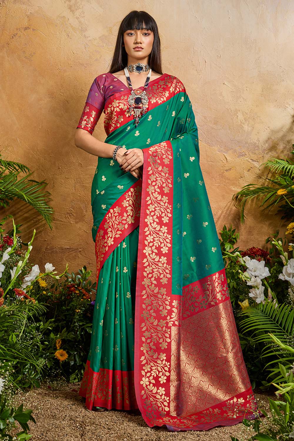 Roya Teal Green and Red Handloom Weaving Silk Ready to Wear Saree
