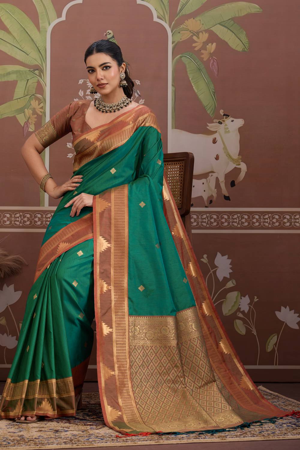 Tessa Emerald Green Silk Woven With Zari Work Ready to Wear Saree