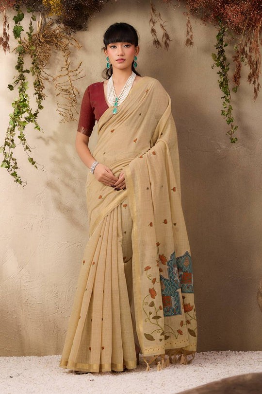 Sanja Beige Cotton Woven Ready to Wear Saree