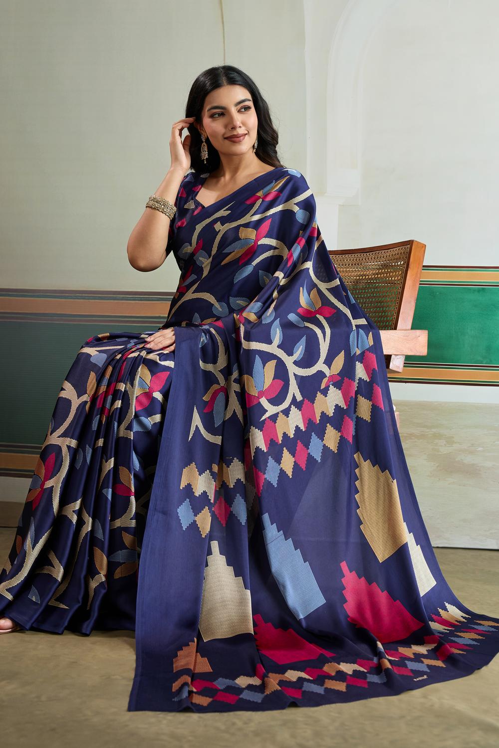 Aylani Navy Blue Modal Satin Ajrakh Print Ready to Wear Saree